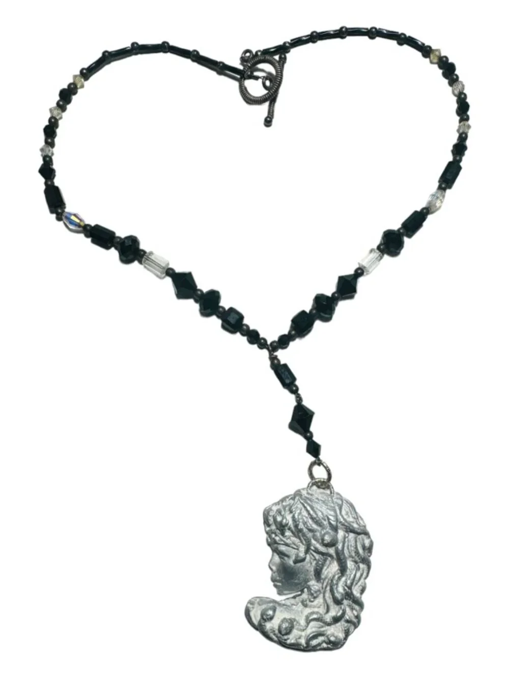 Art Nuveau Clay Lady Pendant with Artisan Crystal Beaded Necklace